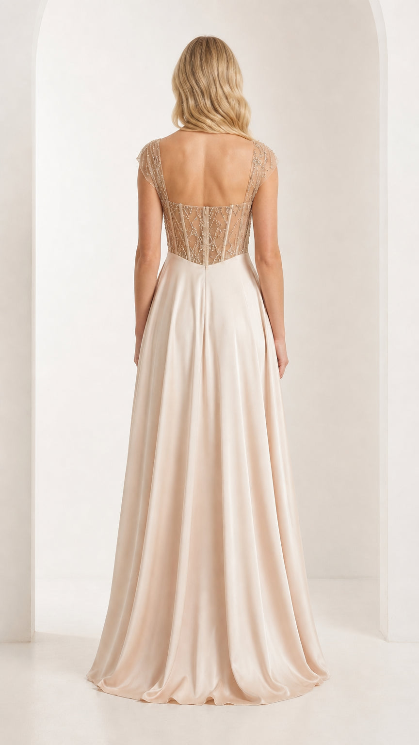 Back view of champagne formal gown
