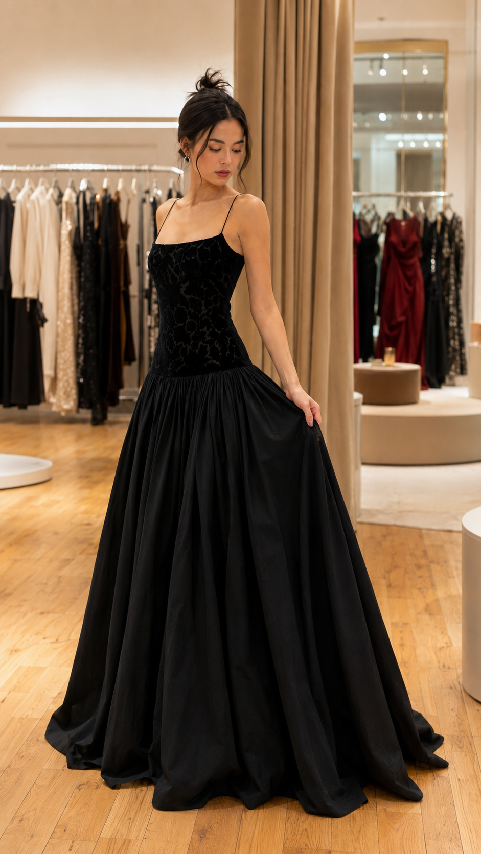 Black drop-waist evening gown with square neckline and sweeping full skirt angled side view