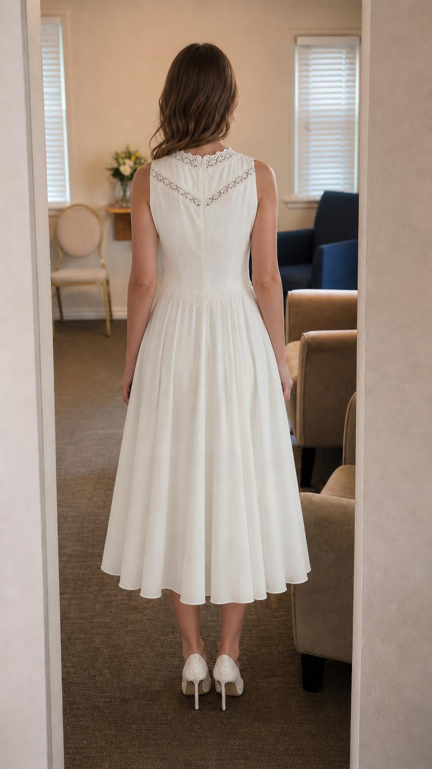 Back view of model showing back neckline lace detail on white dress
