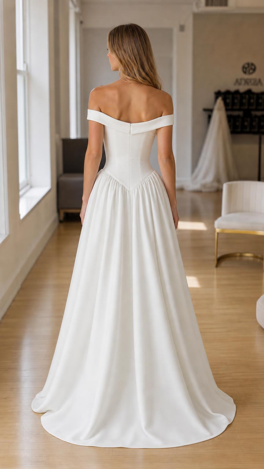 Back view showcasing structured back and gown train