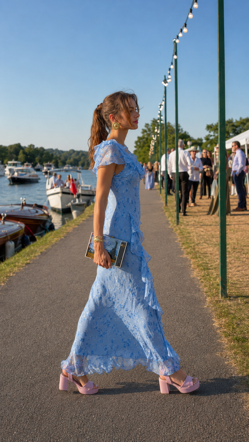 Side view of sky blue floral textured maxi dress with flutter sleeves and ruffled hem