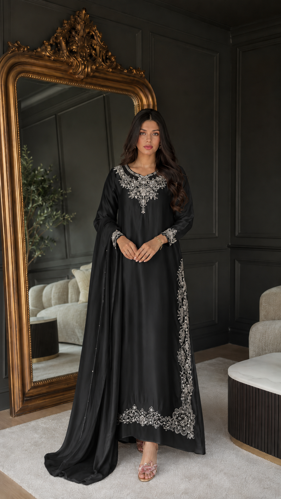 Front view of black embroidered maxi kaftan dress with silver-toned detailing and matching drape