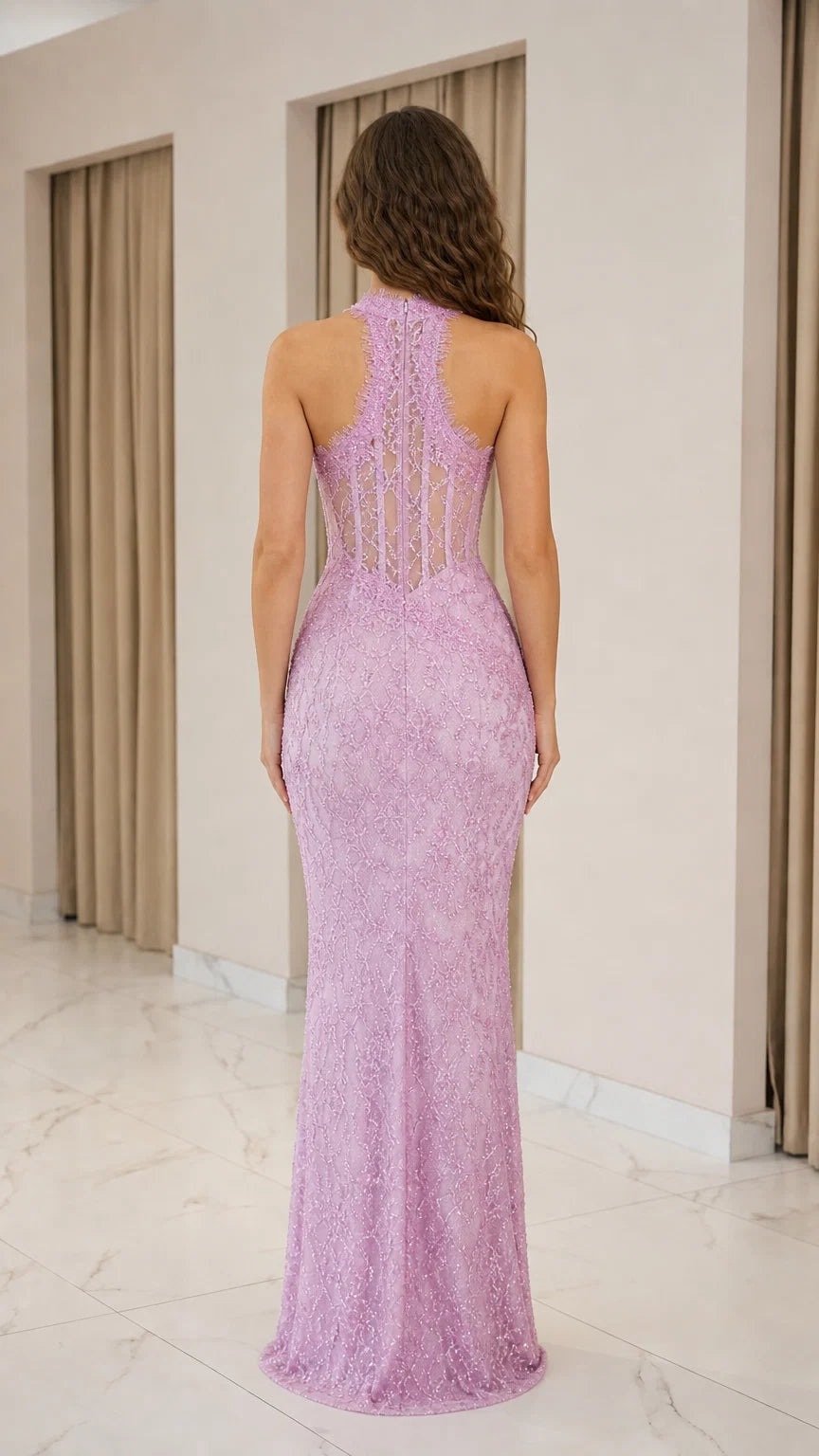 Back view showing zipper and upper lace details of the lavender gown