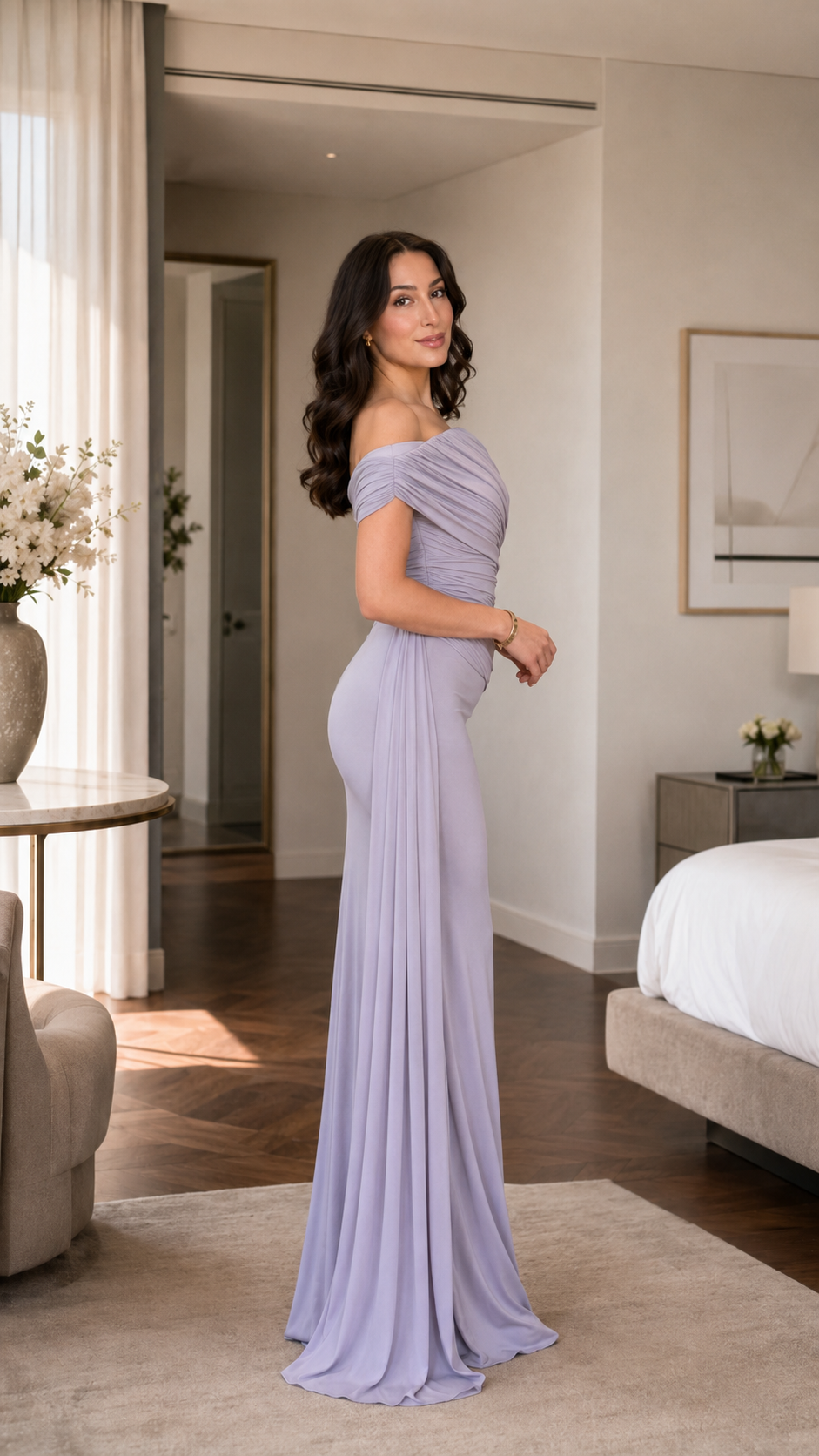 Lavender body-skimming evening gown side view with draped sleeve panels
