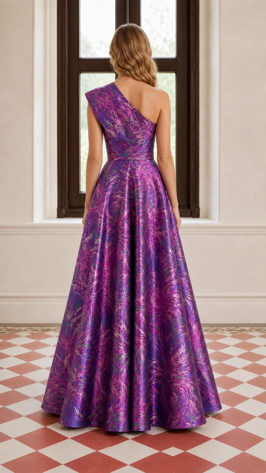 One-Shoulder Pleated Metallic A-Line Maxi Evening Gown in Purple back view