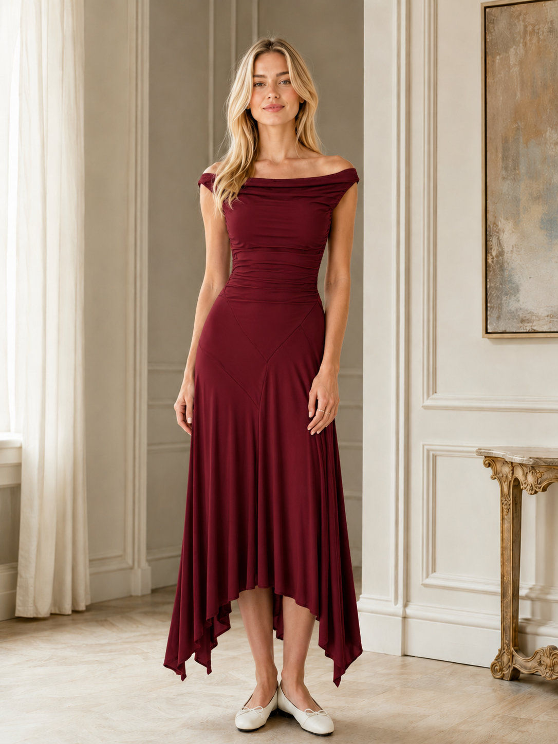 Front view of wine off-shoulder asymmetric hem dress