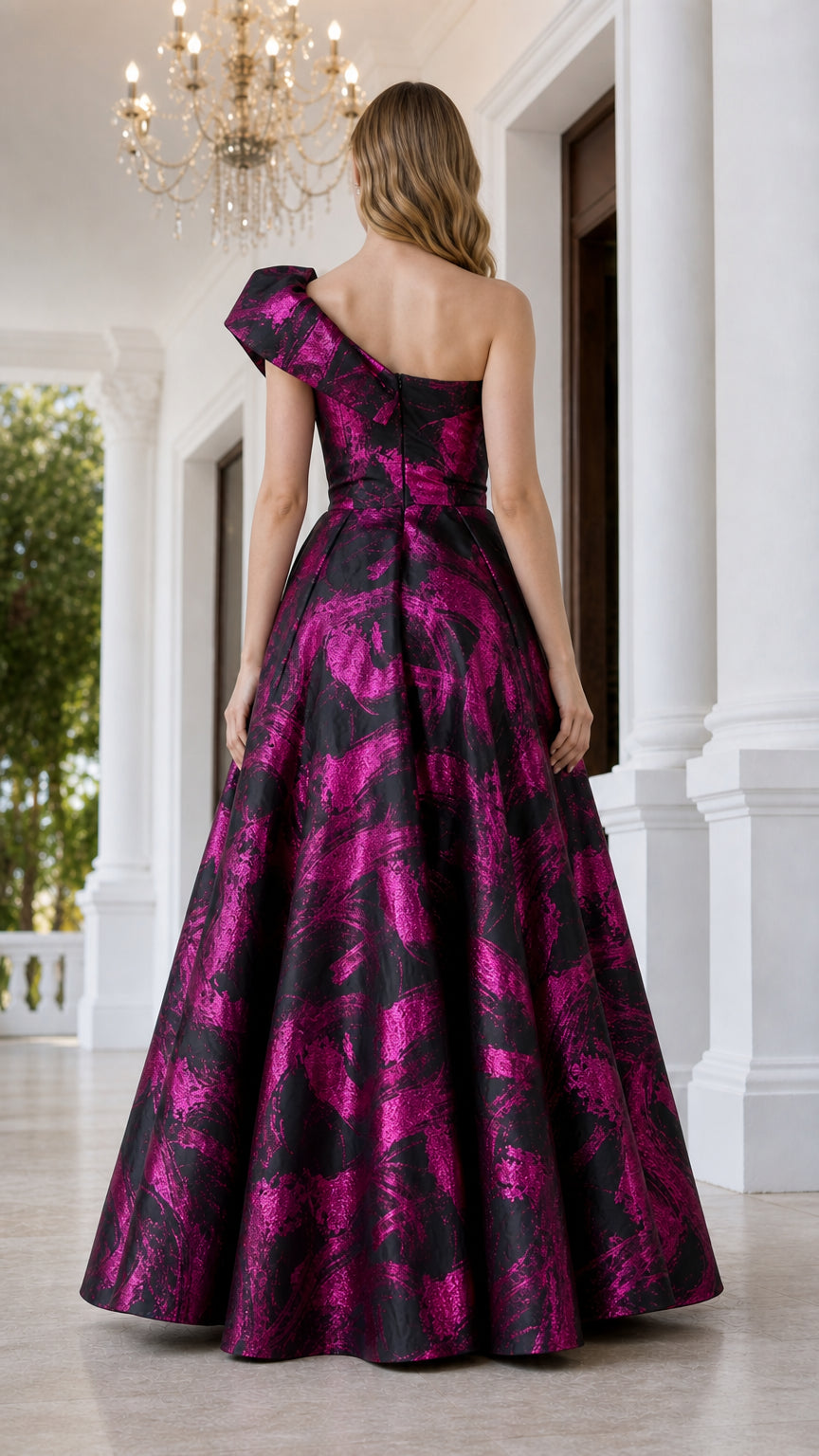 Back view of fuchsia metallic ball gown