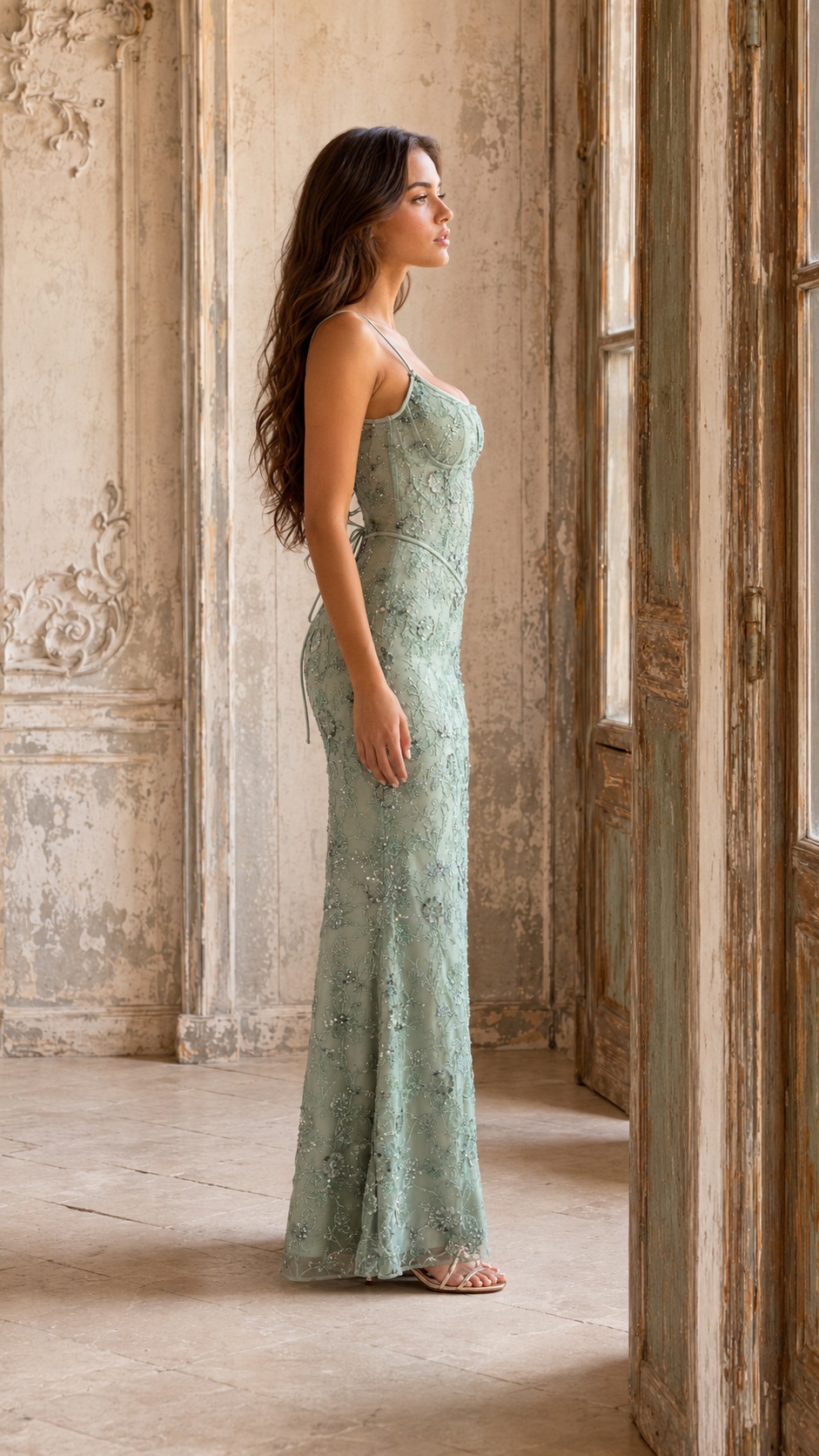 Side view of sage floral embroidered mermaid evening gown