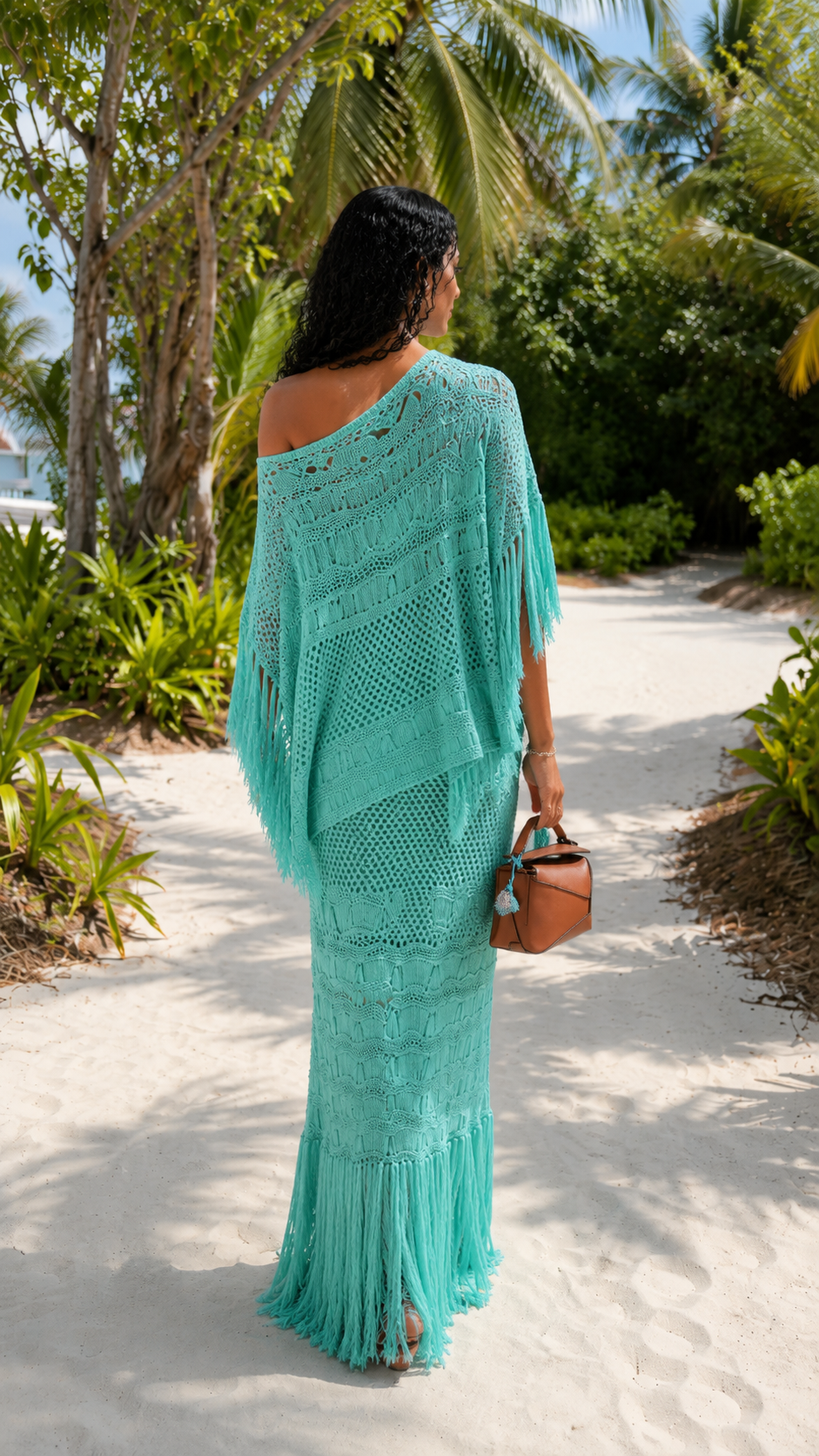 Aqua crochet one-shoulder fringe maxi cover-up set back view
