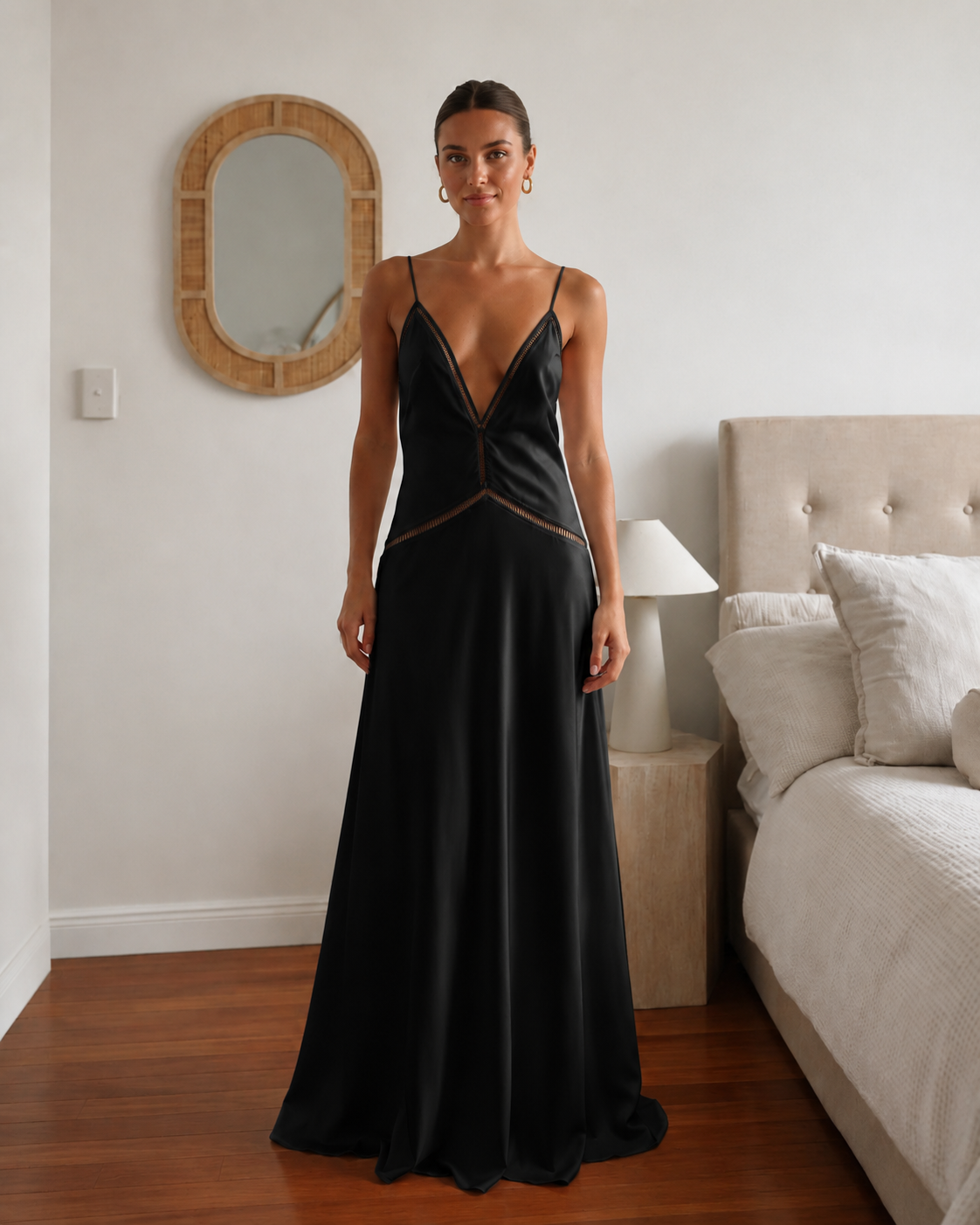 Black satin-style plunge cami maxi dress front view