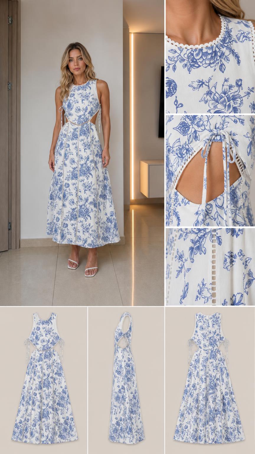 Collage showing close-up details and full-length views of white floral dress