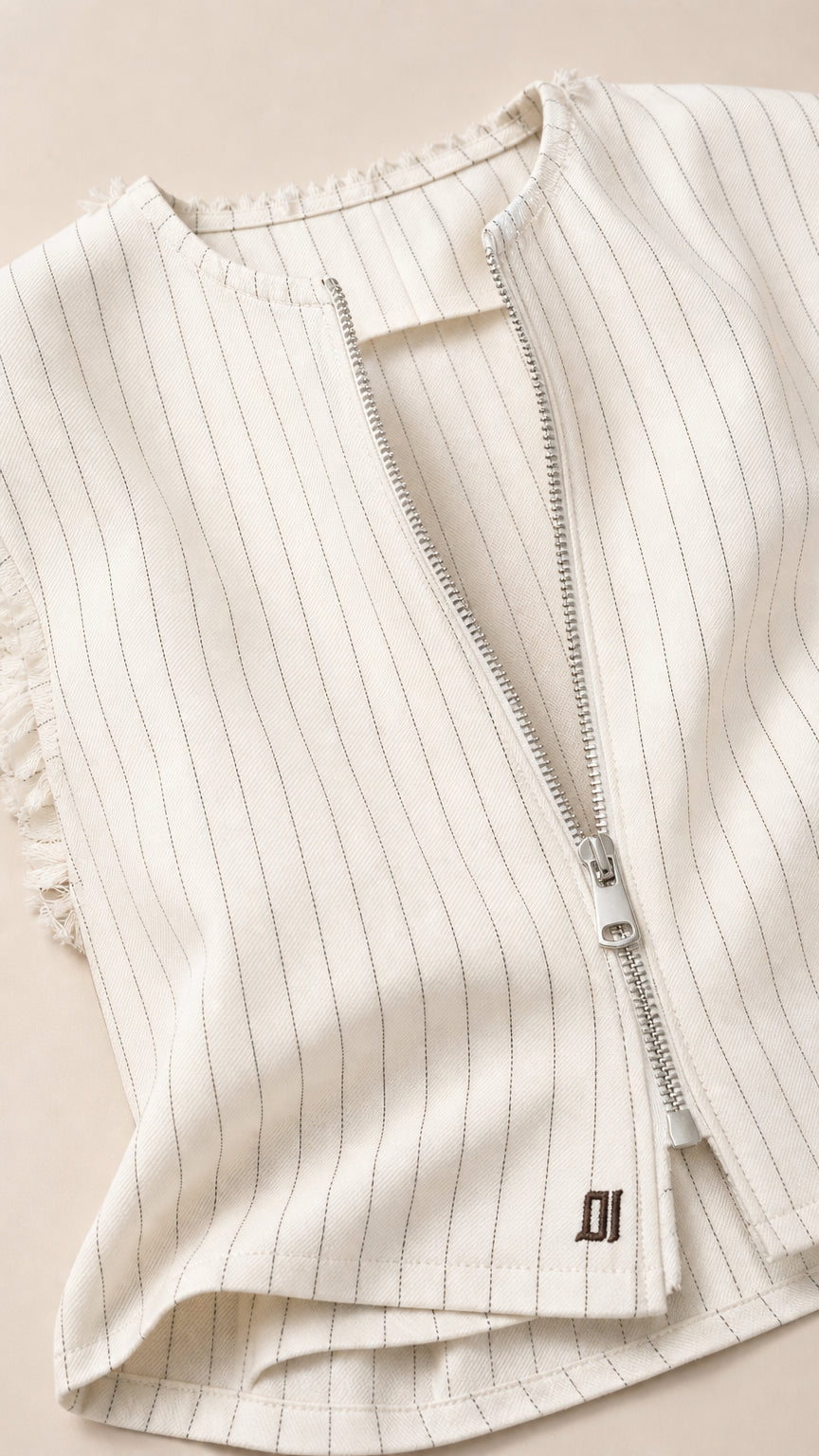 Close-up detail of white pinstripe vest with zipper closure