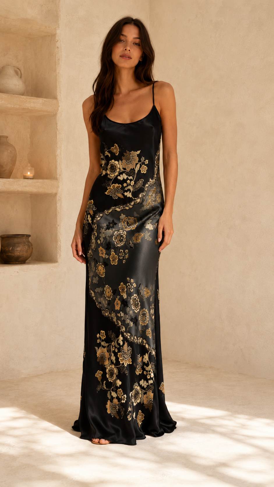 Full-length black floral satin slip maxi dress with slim straps