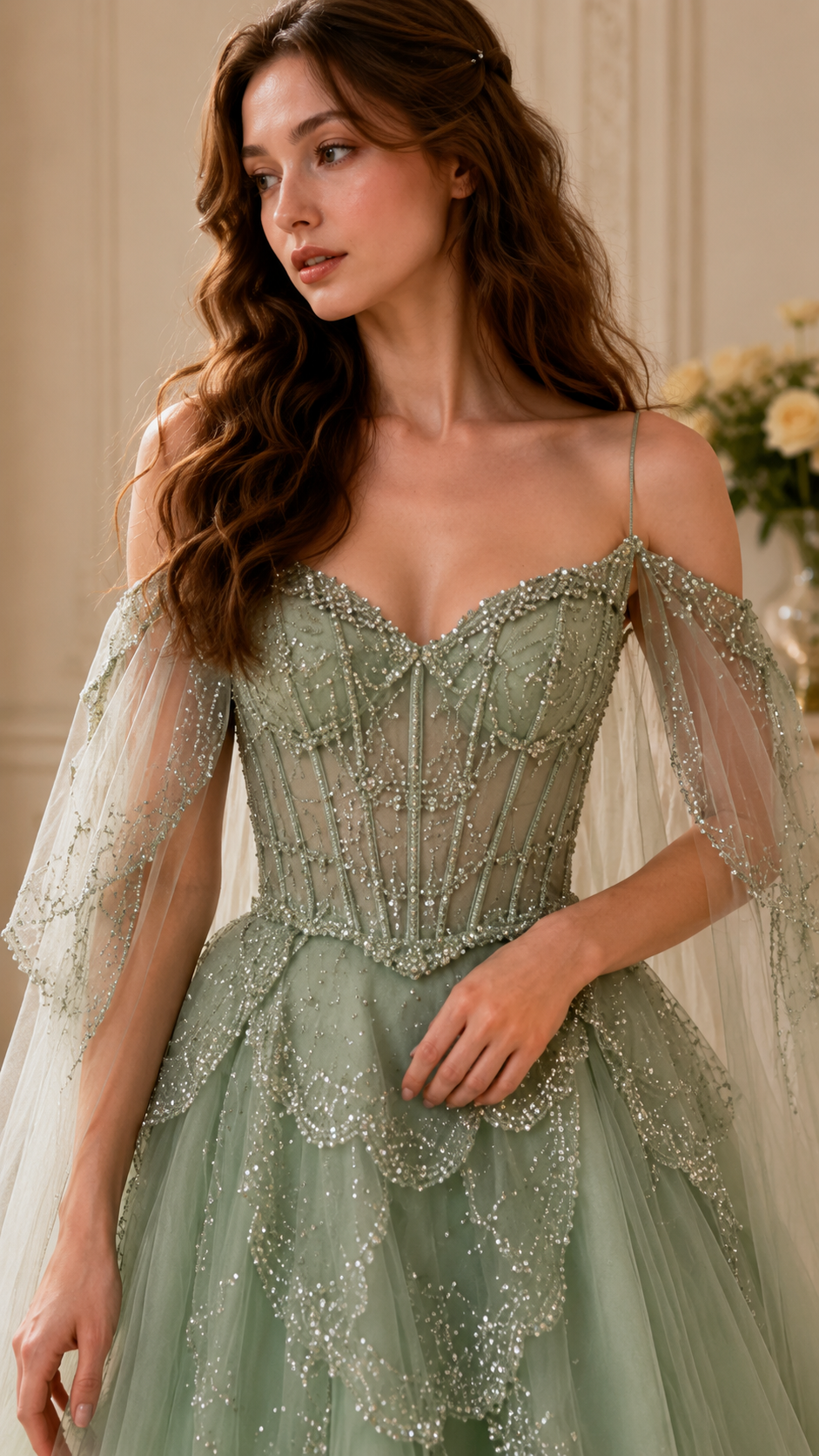 Close-up of sage sweetheart bodice with bead-like embellishment and sheer off-shoulder sleeves