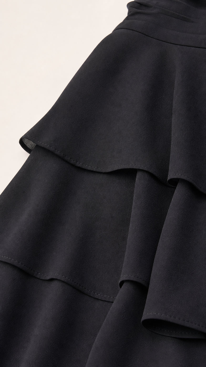 Close-up of black tiered ruffle fabric detail