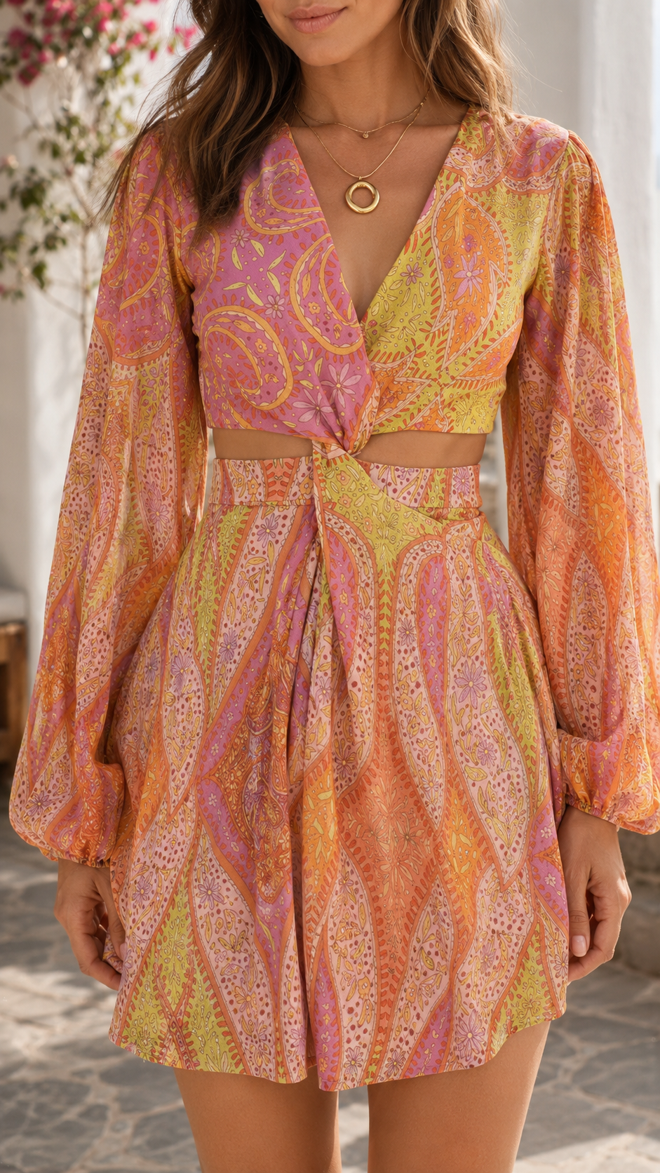 Close-up of sunset coral paisley print deep V mini dress with waist cutouts