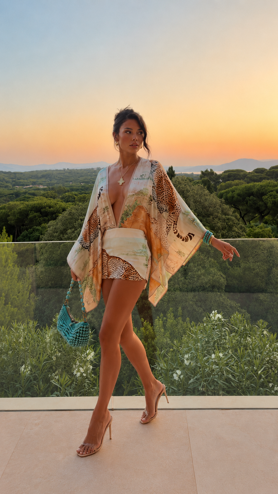 Angled front view of ivory printed romper cover-up set at sunset
