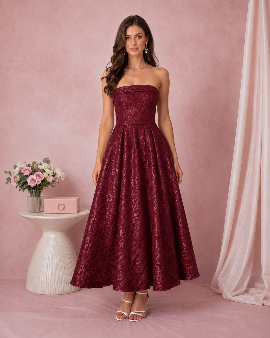 Front view of burgundy strapless jacquard A-line midi dress