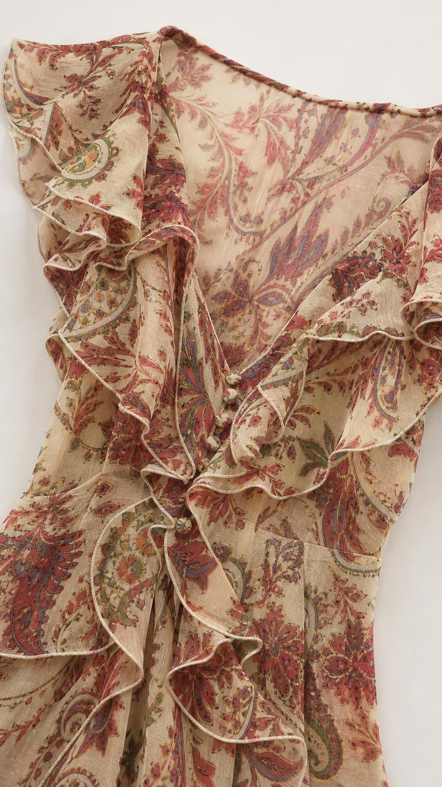 Close-up detail of V-neckline with ruffles and buttons