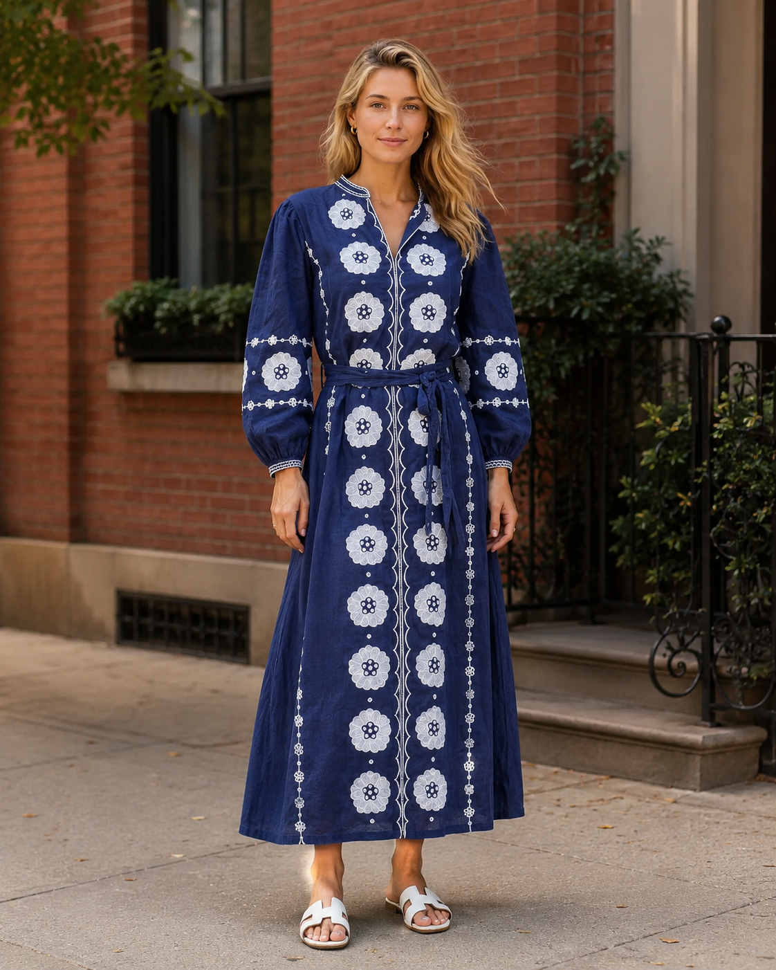 Cobalt blue embroidered tie-waist midi dress front view
