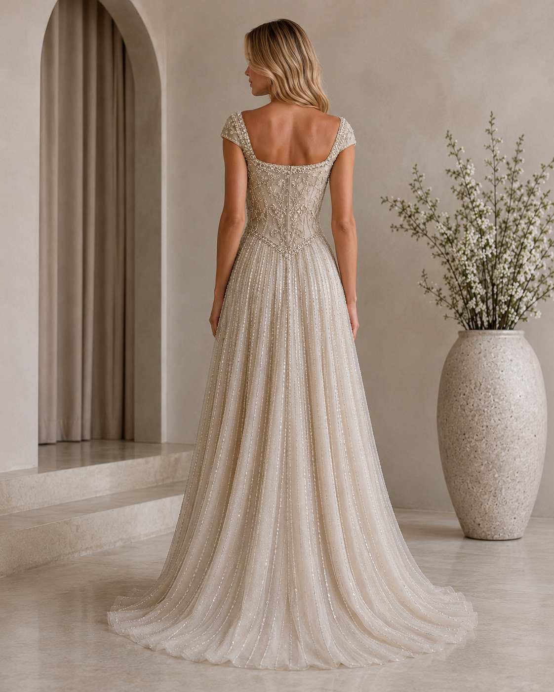 Back view of champagne floor-length shimmering A-line evening gown with cap sleeves