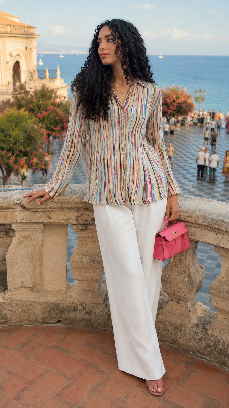 Angled front view of multicolor vertical stripe blouse with flowing pleated texture