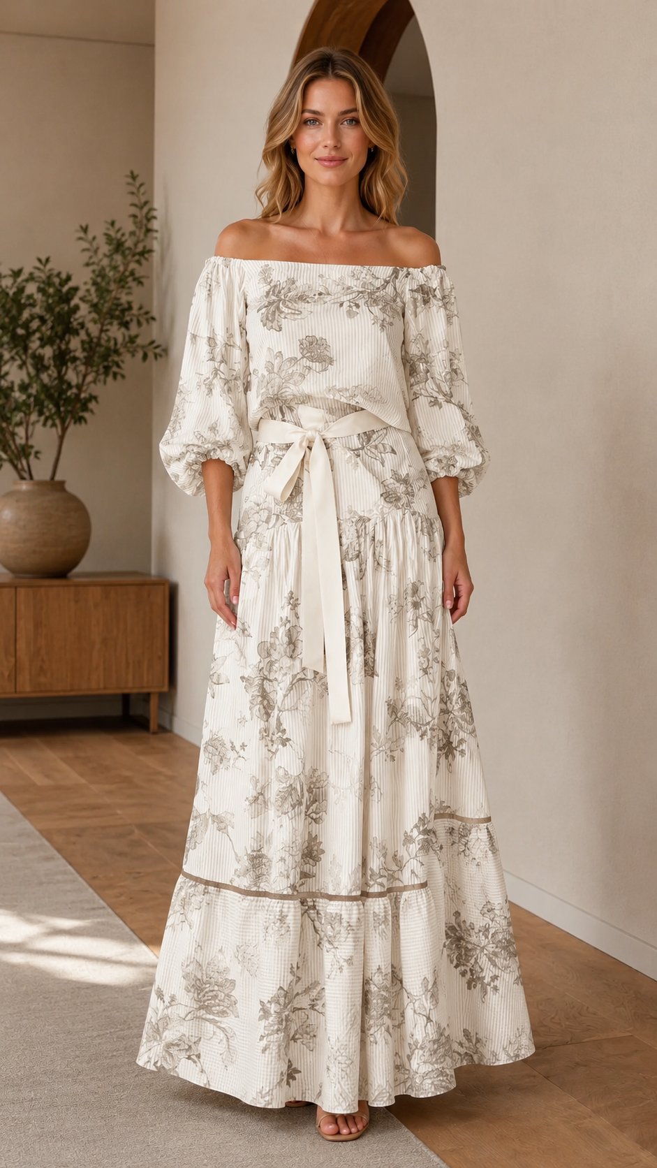 Ivory off-shoulder floral maxi dress with puff sleeves and self-tie belt front view