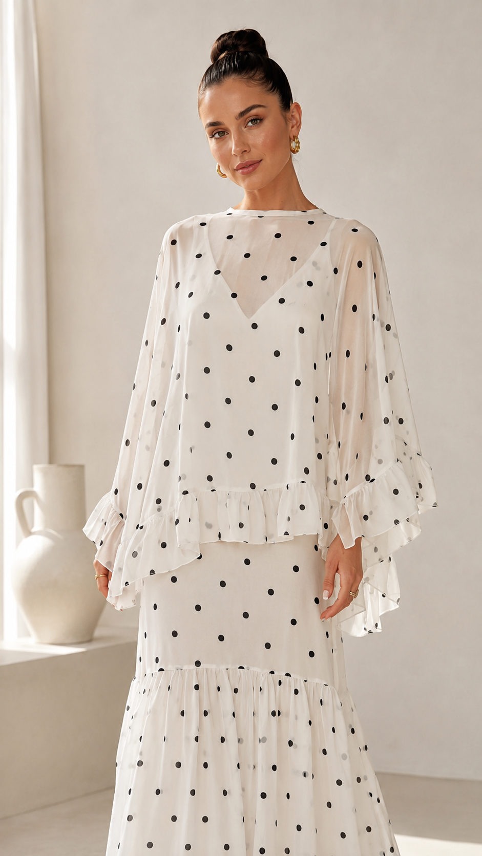 Close front view of white polka dot dress with round neckline and flowing overlay