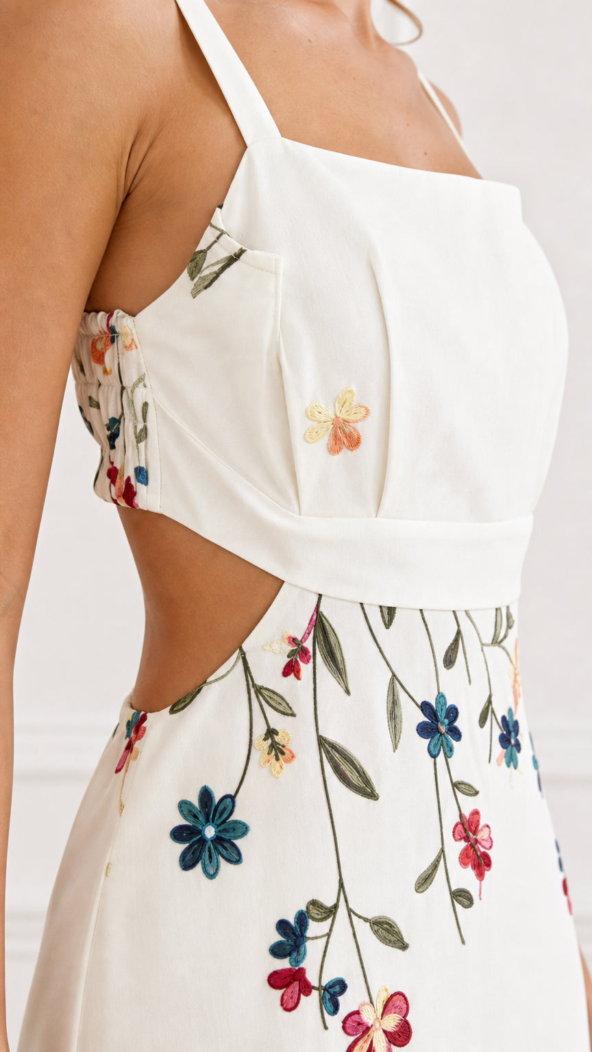 Close up of square neckline and waist cutout on White dress