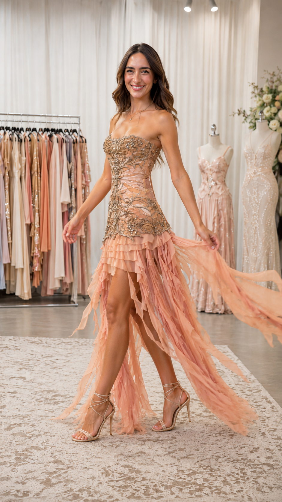 Angled view of blush embroidered high-low dress showing movement of the sheer train