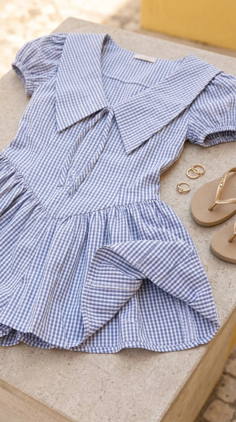 Flat lay of blue gingham romper with accessories
