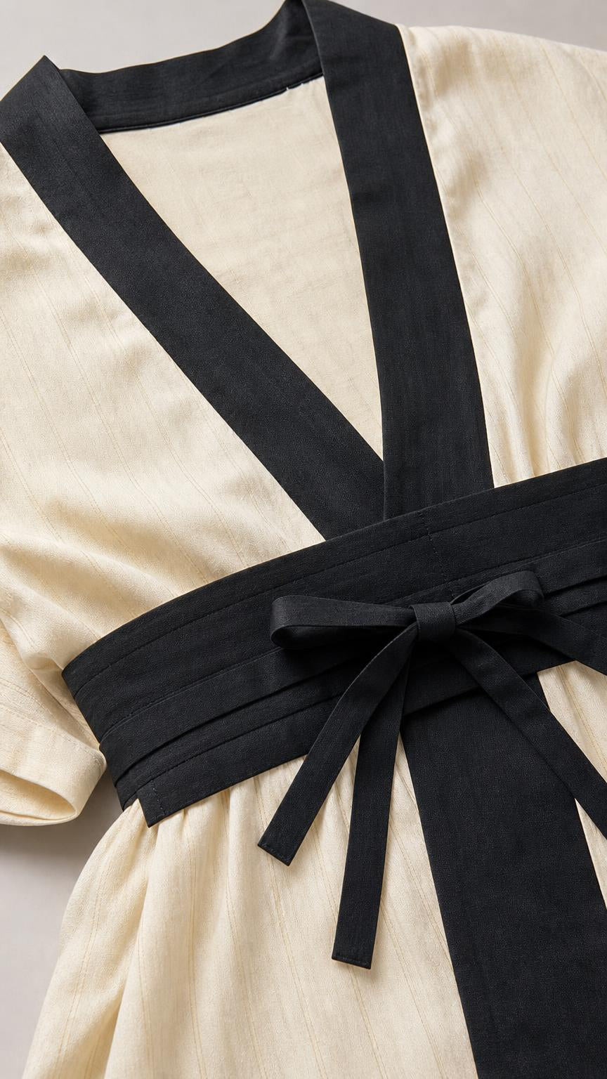 Close-up detail of contrasting trim and tie sash on beige kimono top