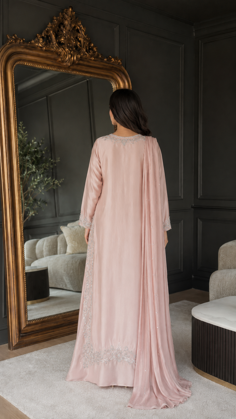 Back view of blush pink full-length kaftan dress showing relaxed silhouette and flowing fabric