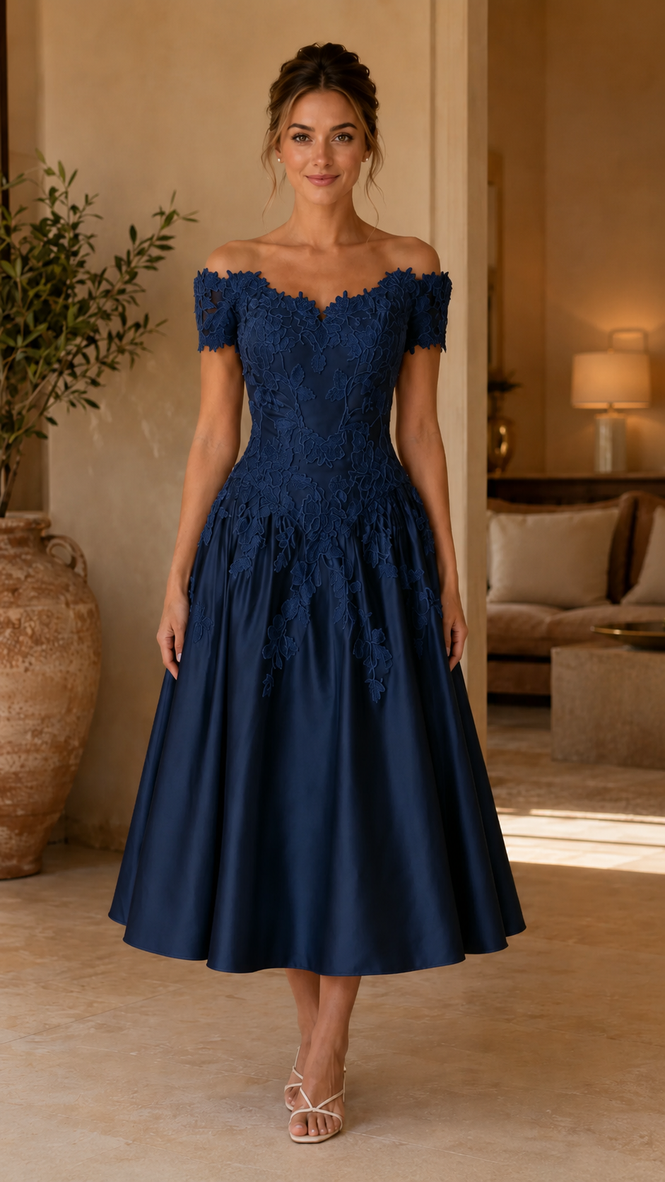 Front view of navy off-shoulder lace midi A-line dress