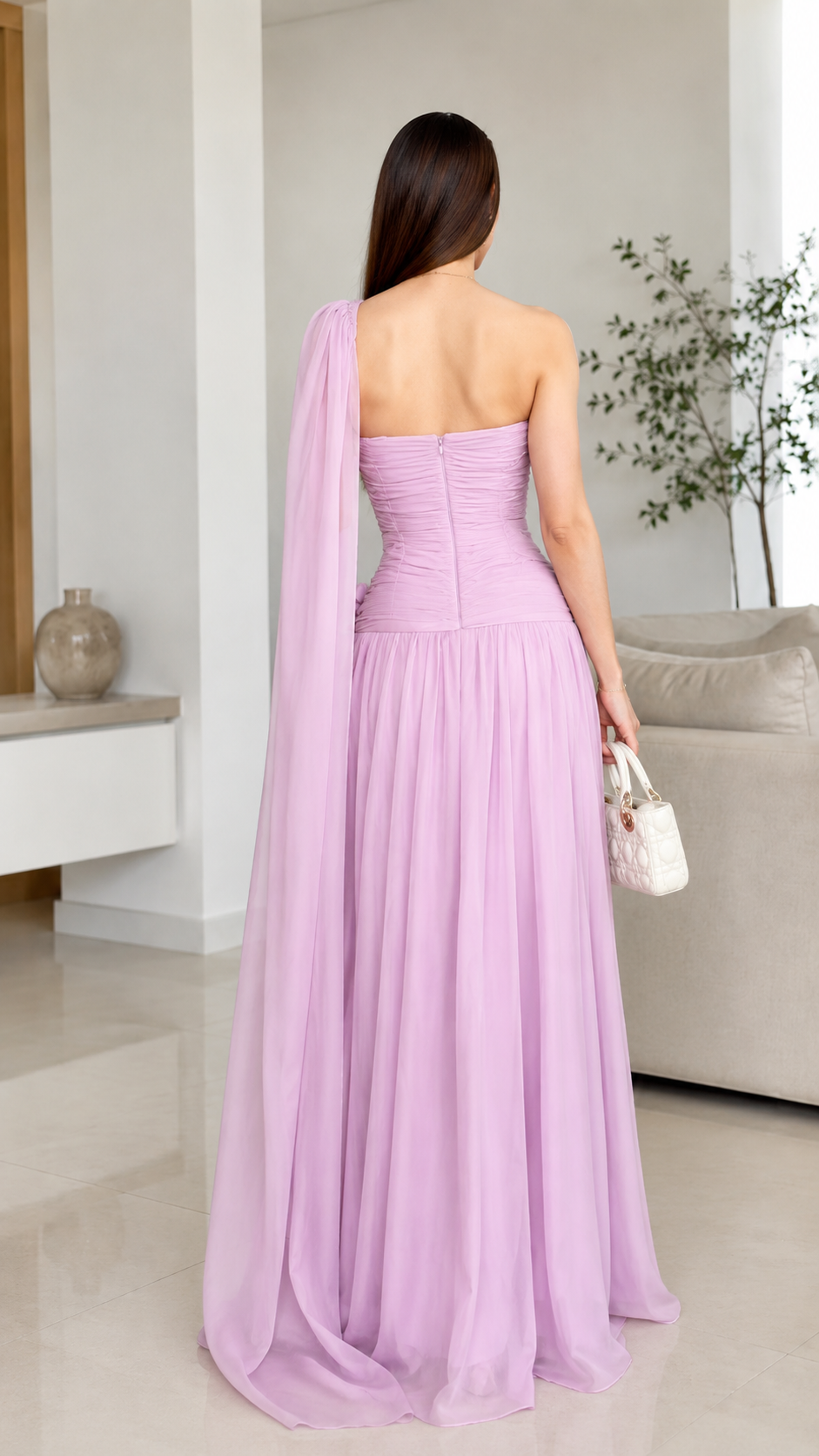 Lilac back view of one-shoulder ruched maxi dress with flowing skirt