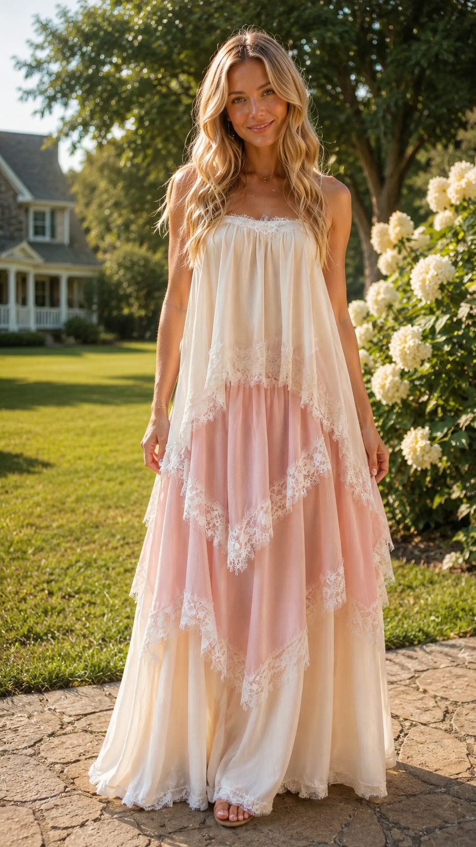 Blush pink and ivory lace trim maxi dress front view showing gathered neckline