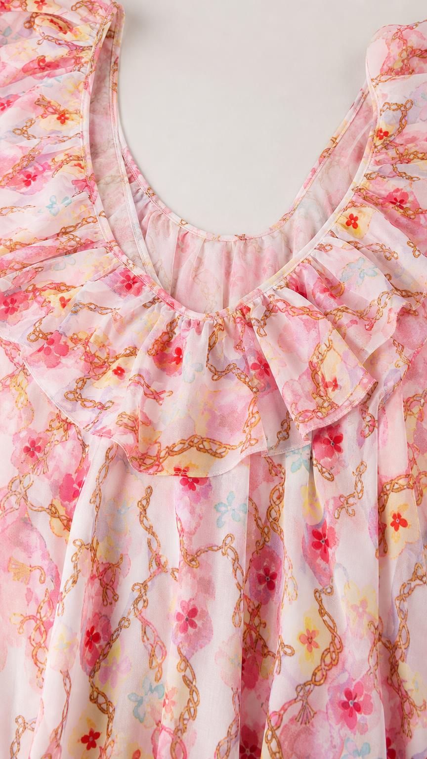 Close up of ruffle collar and scoop neckline