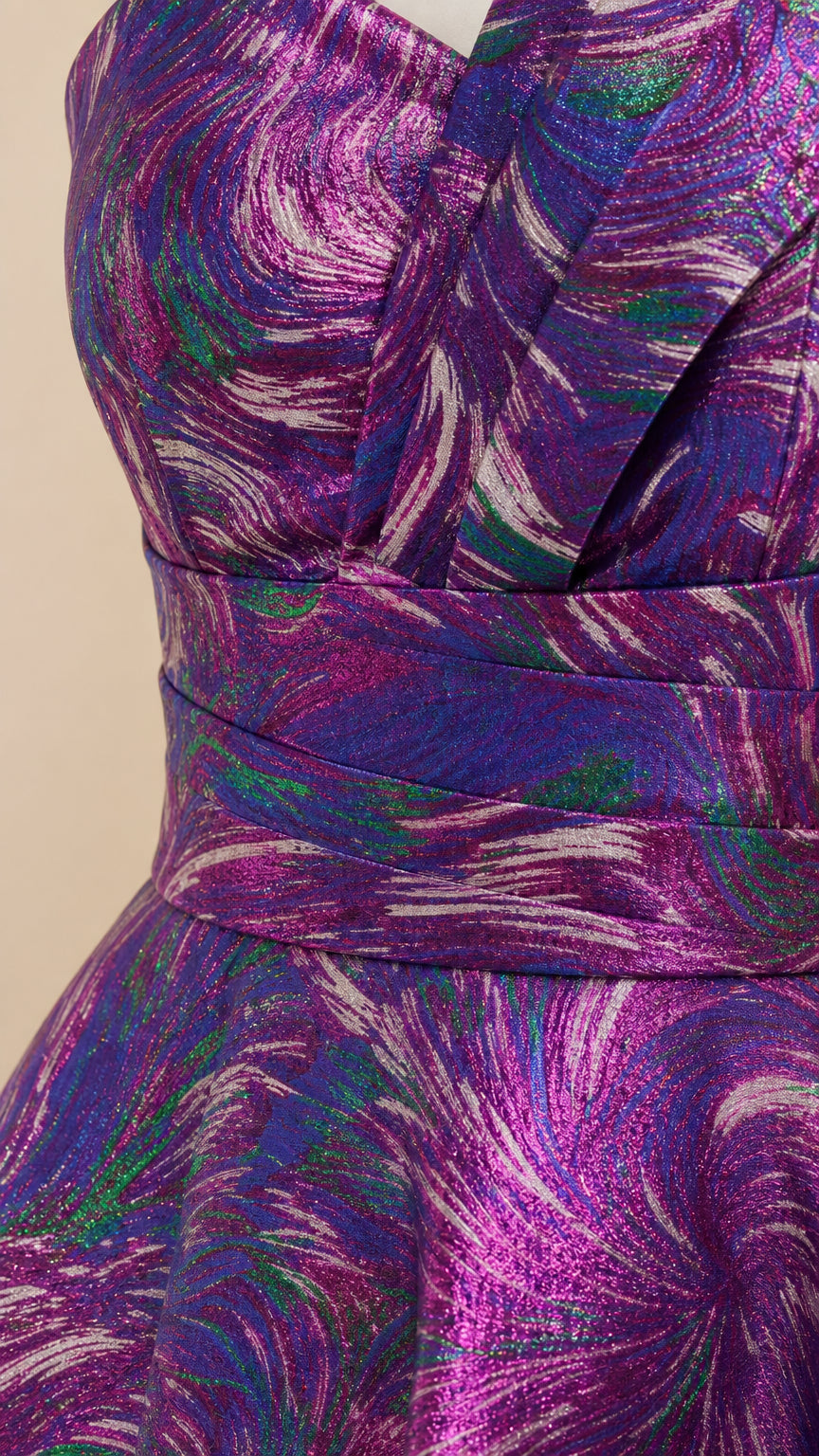 Close-up of pleated bodice and waistband on metallic evening gown