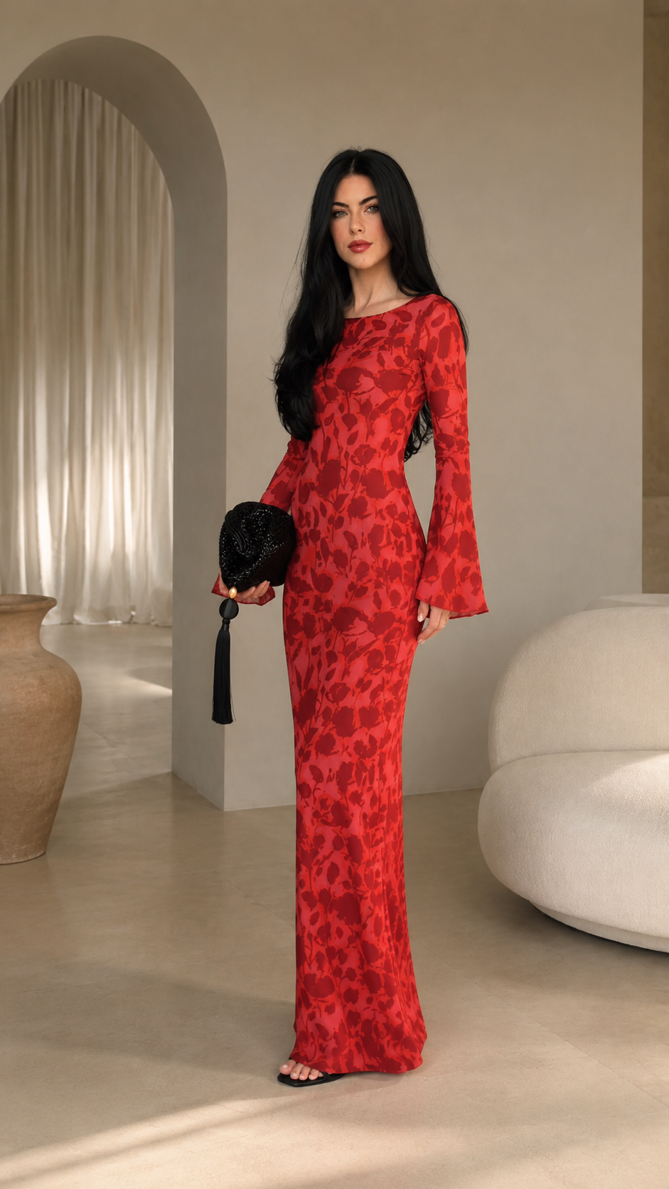 Front view of red floral bell sleeve floor-length dress