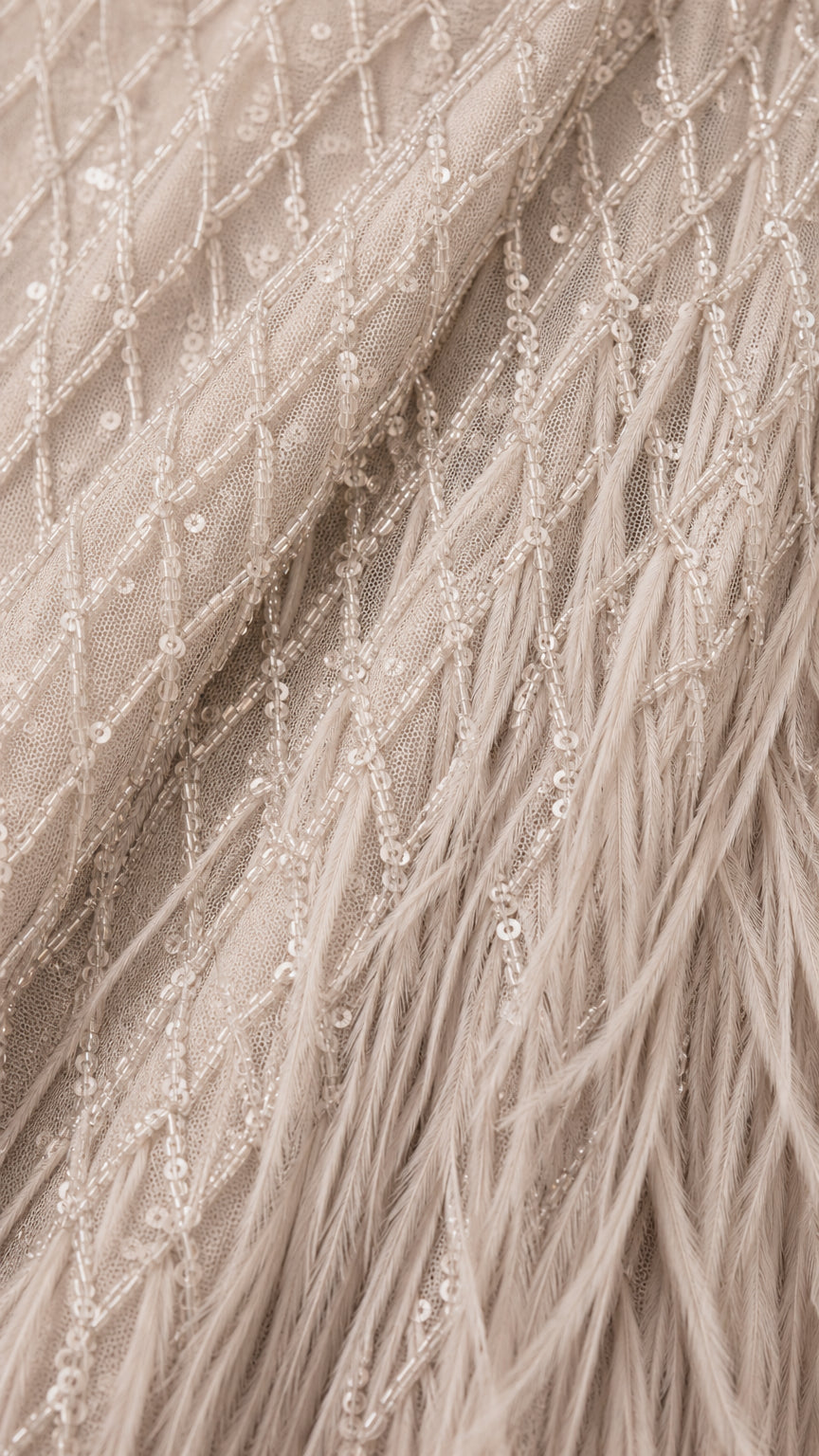 Close-up detail of sequin embroidery and feather texture