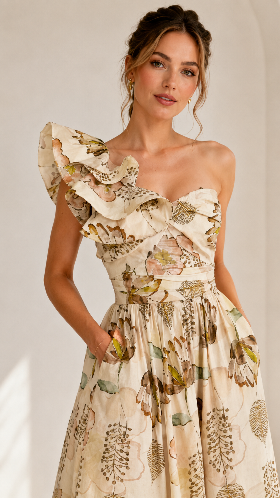 Close-up of cream floral one-shoulder ruffle bodice and waist detail