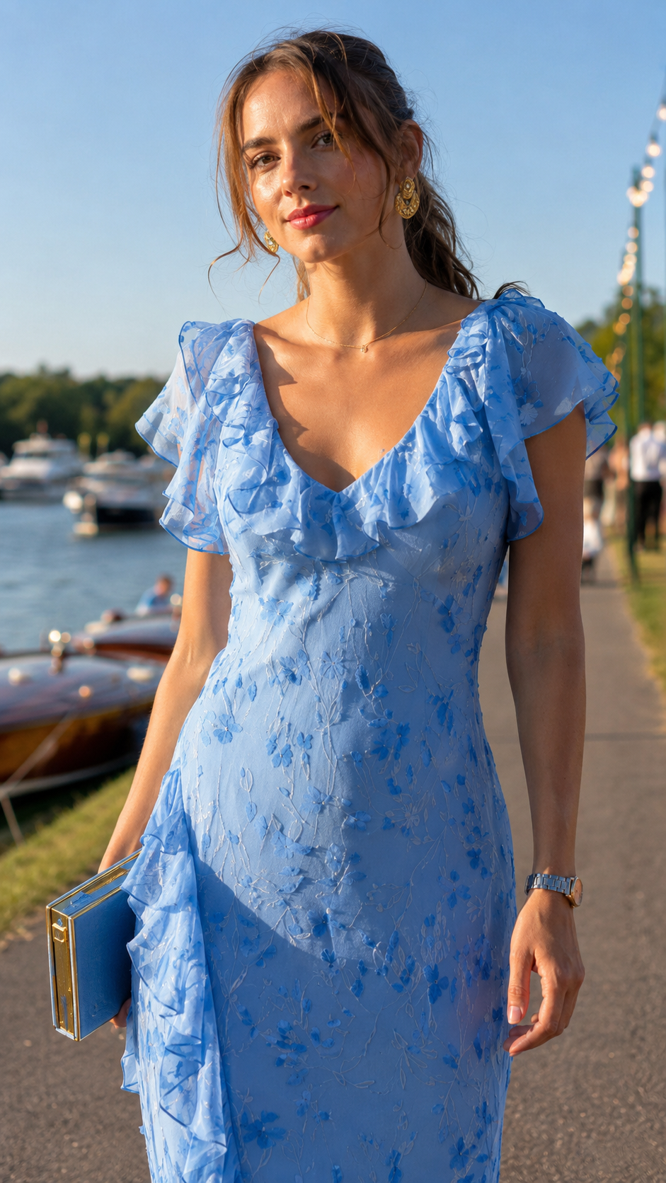 Close-up of sky blue maxi dress showing ruffle neckline and floral textured fabric