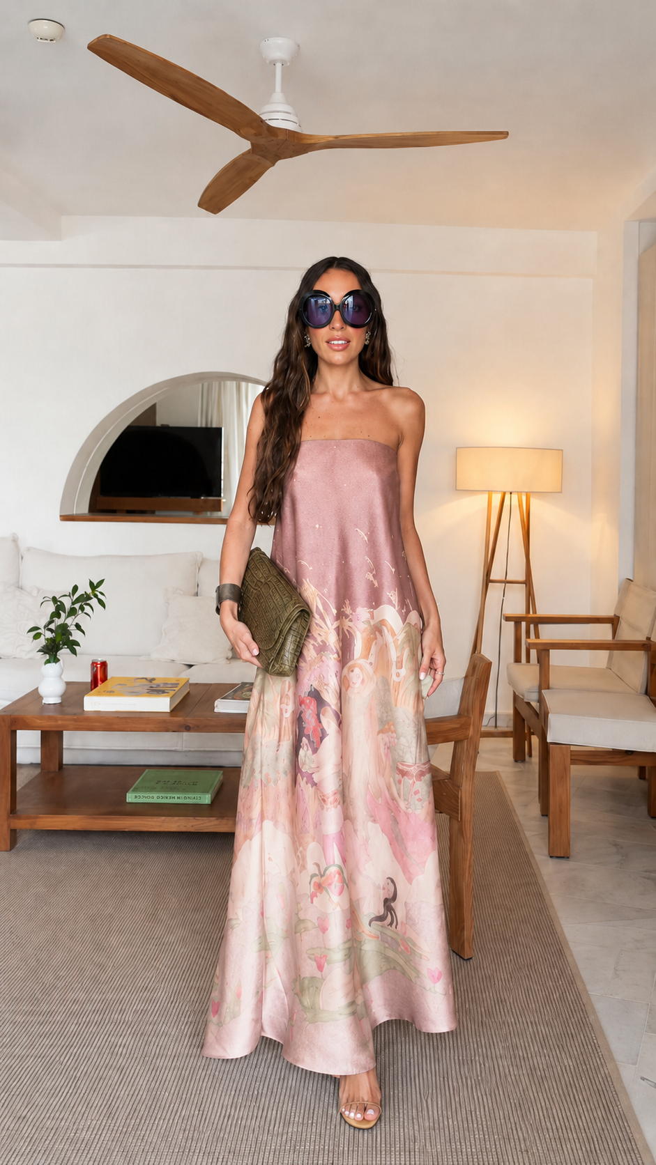 Front view of blush pink strapless printed satin-look maxi dress