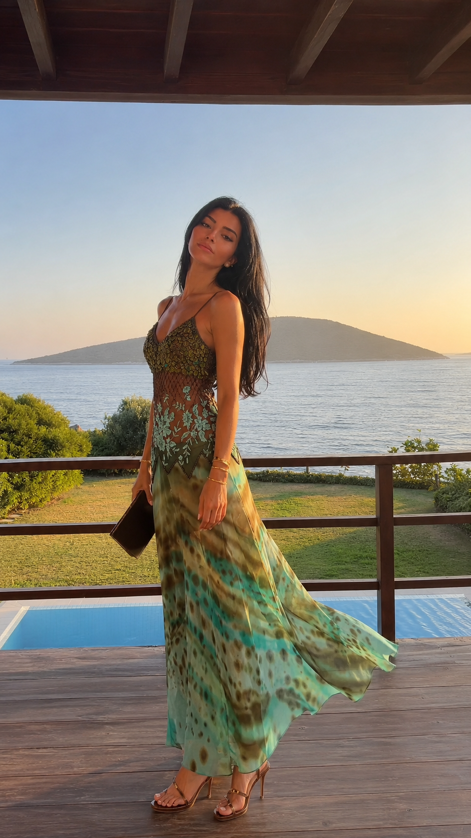 Side view of olive printed lace-panel maxi dress with flowing hem