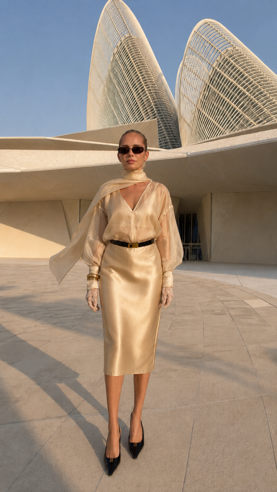 Model wearing champagne sheer sleeve scarf neck belted midi dress