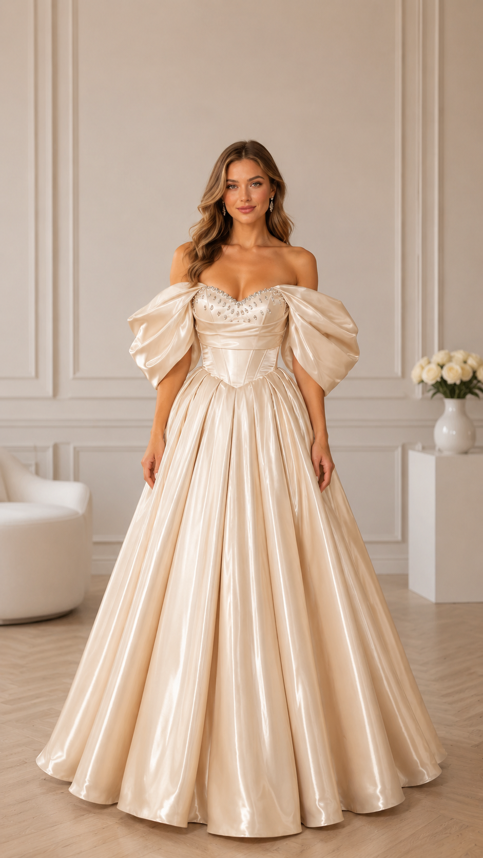 Front view of champagne off-shoulder puff sleeve formal gown