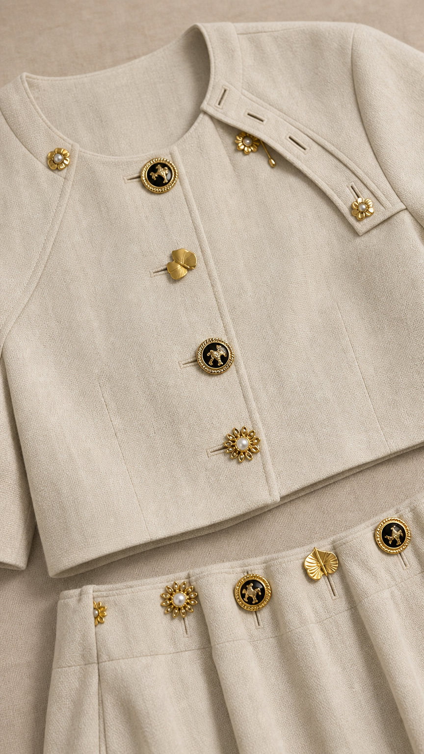 Close-up detail of gold-toned decorative buttons and textured fabric on beige set