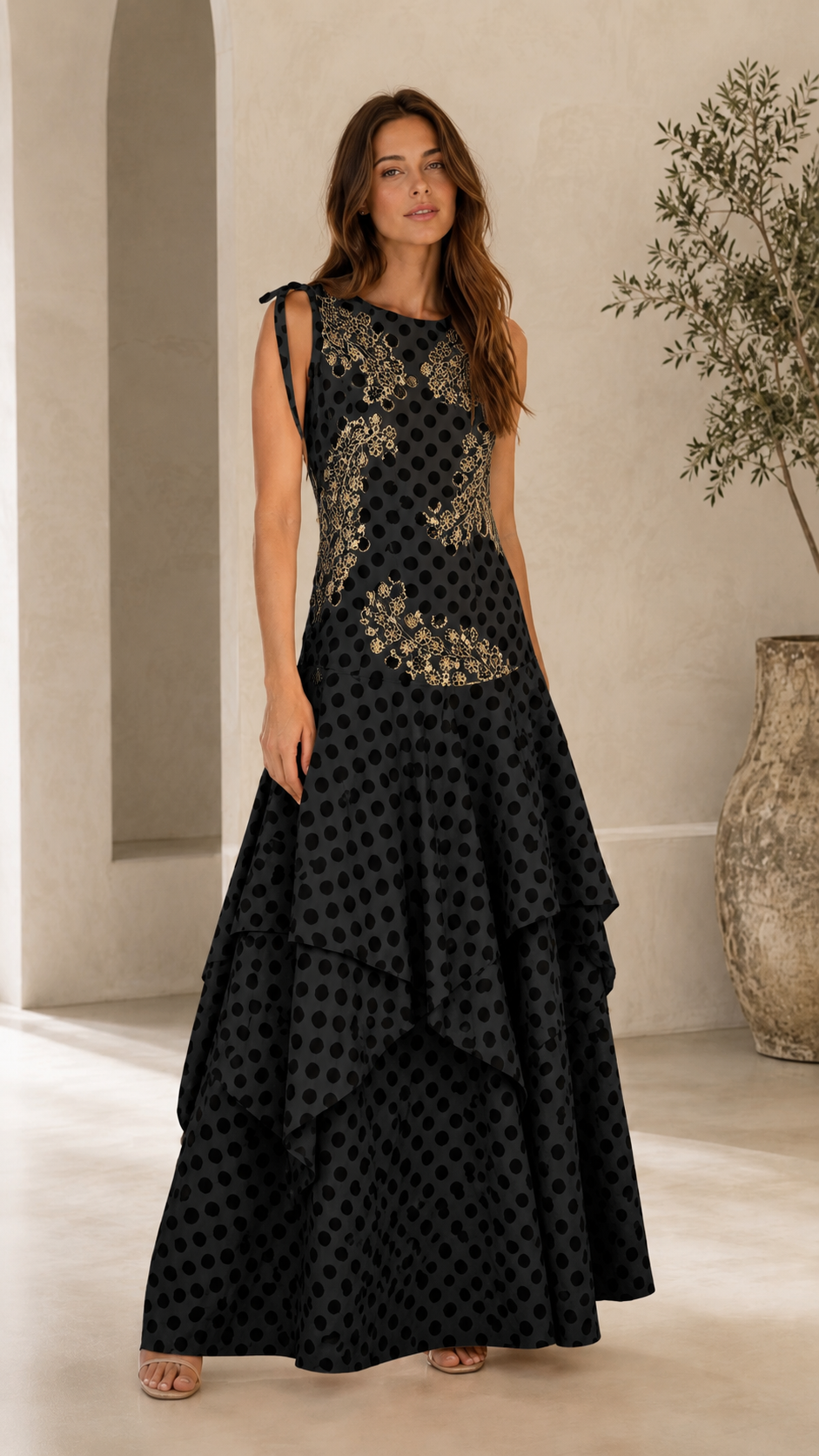 Front view of black embroidered polka dot tiered maxi dress