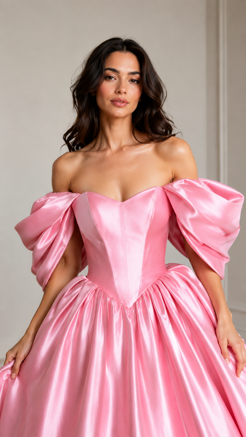 Close-up of pink sculpted bodice and oversized puff sleeves on off-shoulder gown