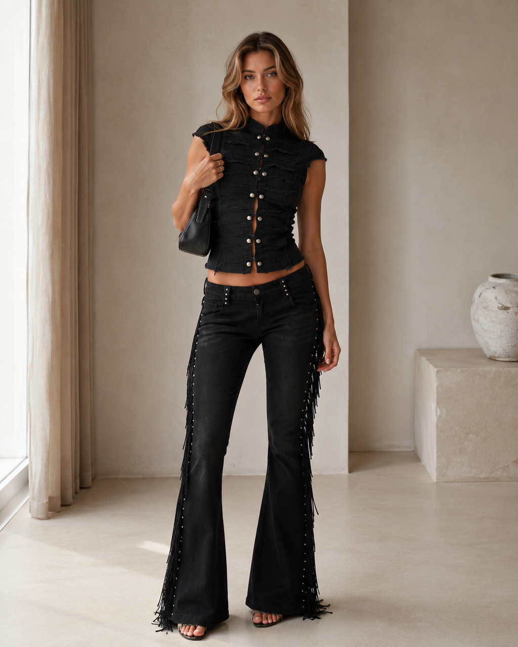 Full front view of the black two-piece set with flared pants and side fringe trim